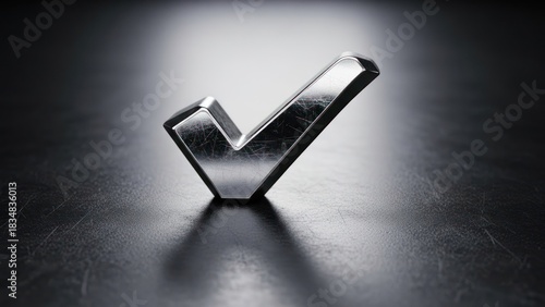 Metallic check mark on textured, dark surface, dramatic lighting, suggesting approval