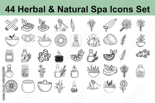 Collection of forty four herbal and natural spa icons set for wellness and relaxation therapy and natural beauty products concept line drawing
