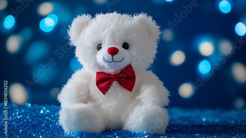White fluffy teddy bear with a red bowtie gift wrapped setting on blue lights background