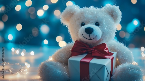 White fluffy teddy bear with a red bowtie gift wrapped setting on blue lights background