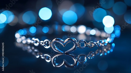 White gold bracelet with interlocking hearts on blue lights background
