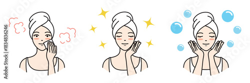 Woman with light skin tone cleansing, moisturizing, and washing face steps