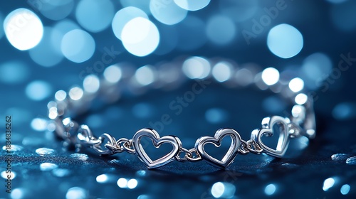 White gold bracelet with interlocking hearts on blue lights background