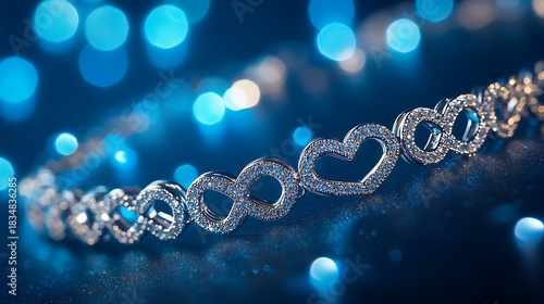 White gold bracelet with interlocking hearts on blue lights background