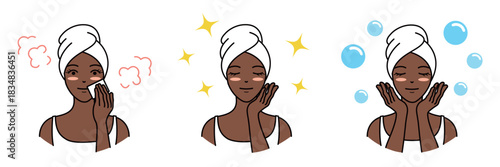 Black woman with towel on head cleansing, moisturizing, and washing face