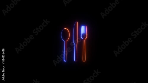 Animated neon cutlery icon. Glowing line spoon icon motion graphics. cutlery set spoon fork knife 4k video footage.