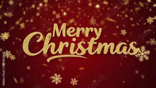 Luxury Merry Christmas text animation with gold snowflakes on red background