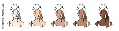 Diverse women applying face toner or lotion with cotton pad and open eyes
