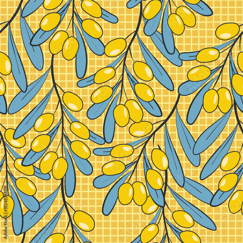 Seamless pattern with sea buckthorn. Natural fresh ripe tasty berries. Vector illustration for background, packaging, textile, fabric and various other designs.