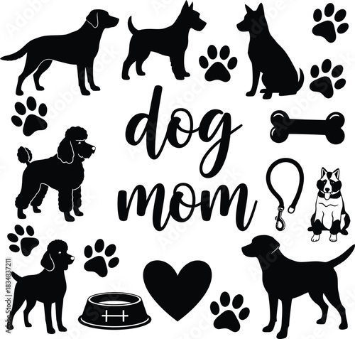 Dog Mom Silhouette Vector Illustration Collection Domestic Pet Breed Puppy Terrier Poodle Labrador Retriever Husky Love Animal Lover Canine Design Graphic Element