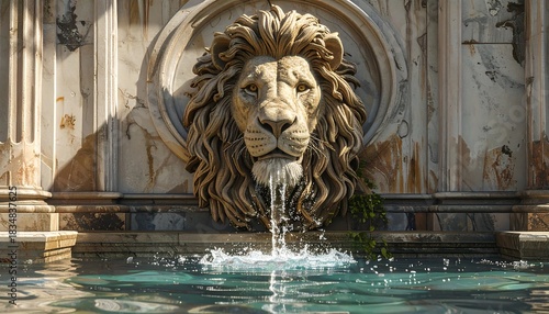 A majestic lion's head fountain, sculpted from stone, spews water into a serene pool, creating a tranquil scene