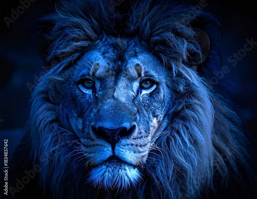 A majestic lion's head, captured in a striking blue hue with piercing eyes, commanding attention. The close-up emphasizes its noble features and thick mane