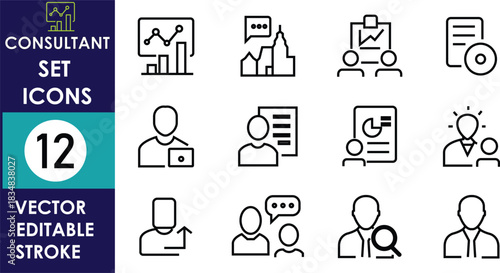 Minimal consultant icon set featuring business analytics, teamwork, presentation, reports, user profiles, strategy planning, leadership, communication, and idea generation in clean editable vector str
