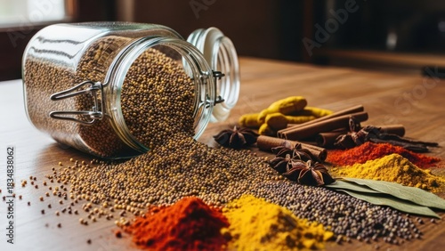 Fototapeta Naklejka Na Ścianę i Meble -  Spilled spice jar next to colorful piles of various spices on a wooden surface