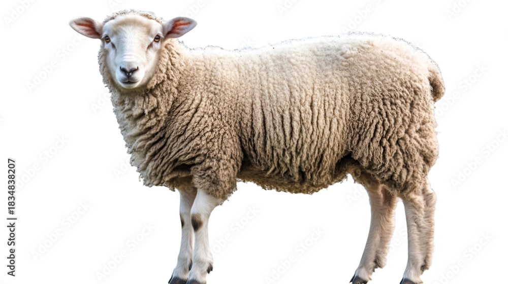 Fototapeta premium A full body shot of a sheep with thick wool standing in a field on a black background isolated