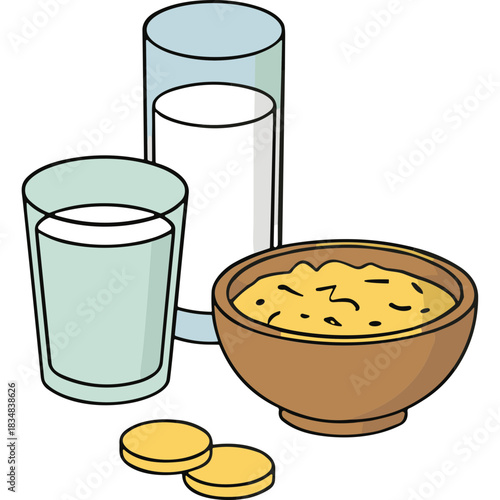 Healthy Breakfast Bowl Of Oatmeal With Milk And Biscuits Isolated On Black Background Studio Shot