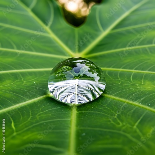 Water droplet rests on leaf, exhibiting a miniature mirrored landscape