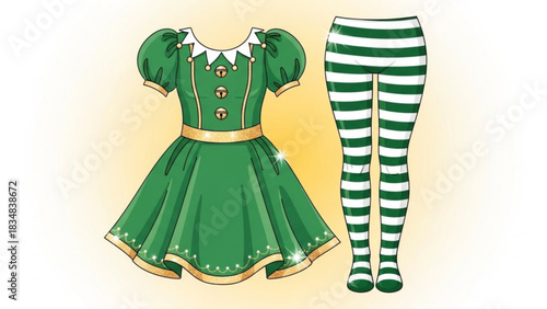 A festive green elf costume with puffed sleeves gold trim bells and matching green and white striped leggings perfect for holiday celebrations and winter events