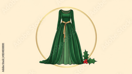 Elegant emerald green long sleeve ball gown with gold sash and trim framed by a golden circle and adorned with festive holly berries and leaves on a soft cream background