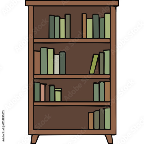 Hand Drawn Wooden Bookshelf Filled With Assorted Books In Various Shades Of Green And Brown Neutral Tones Against A Black Background