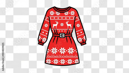 A festive red christmas sweater dress for women featuring a repeating pattern of white snowflakes and reindeer cinched with a black belt