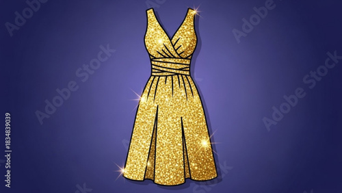 Elegant shimmering golden glitter evening gown with a v neckline and pleated skirt displayed on a dark purple gradient background with sparkling light effects
