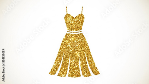 Elegant golden glitter dress with thin straps and a flared skirt isolated on a white background symbolizing luxury and celebration