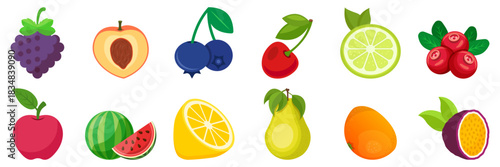 Natural tropical fruits icon set collection in flat style. Tropical plant vector illustration on isolated background. Healthy food sign business concept.