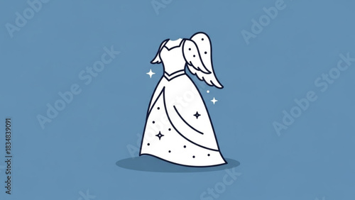 A whimsical line art illustration of a flowing white gown adorned with stars and dots featuring delicate angel wings emerging from the shoulders set against a solid blue background with subtle shadow