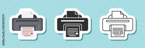 Printer sticker icon set collection in flat style. Office machine vector illustration on isolated background. Printout sign business concept.