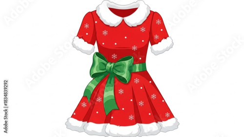 Festive red christmas dress adorned with white snowflakes and a large green ribbon bow trimmed with white faux fur perfect for holiday celebrations