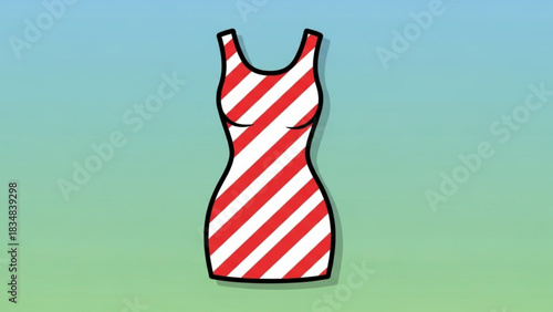 A simple cartoon illustration of a red and white striped sleeveless dress with a black outline set against a soft blue and green gradient background
