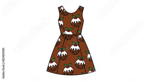 A festive sleeveless brown dress adorned with a repeating pattern of delicious cartoon christmas puddings topped with white icing and holly berries