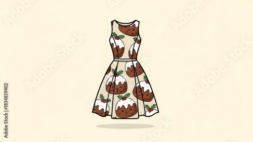 A charming sleeveless a line dress featuring a delightful pattern of cute cartoon christmas puddings with happy faces and holly berries perfect for festive occasions and holiday fashion