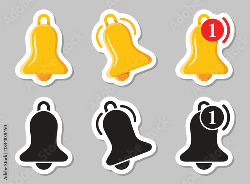 Notification bell sticker icon set in flat style. Incoming inbox message vector illustration on isolated background. Ringing bell sign business concept.