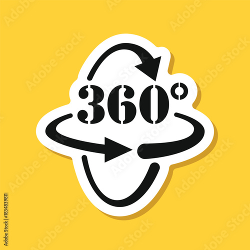 360 degrees sticker icon in flat style. Rotate symbol vector illustration on isolated background. Angle view sign business concept.