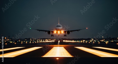 Airplane landing at night on a runway with bright lights