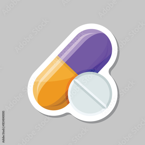 Pills capsules sticker icon in flat style. Medical tablet vector illustration on isolated background. Healthcare drug sign business concept.