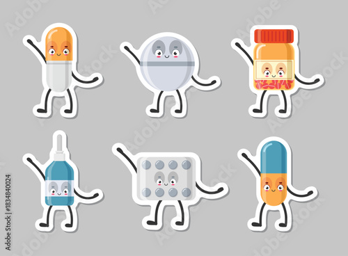 Cute character pills sticker icon set collection in flat style. Happy tablet vector illustration on isolated background. Medical drug sign business concept.
