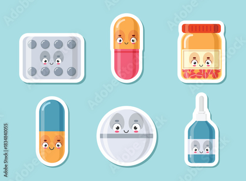 Cute character pills sticker icon set collection in flat style. Happy tablet vector illustration on isolated background. Medical drug sign business concept.