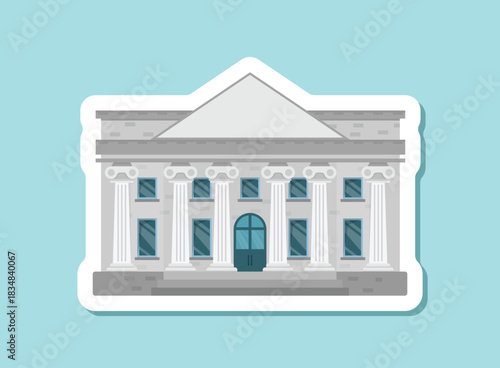 Bank building icon sticker in flat style. Financing department vector illustration on isolated background. Courthouse with columns sign business concept.