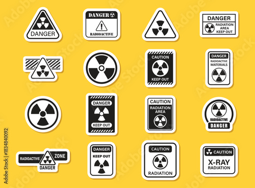 Radioactive material icon set sticker collection in flat style. Radiation danger vector illustration on isolated background. Caution sign business concept.