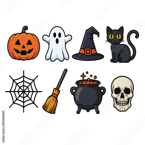 Collection of cute cartoon halloween icons including a pumpkin, ghost, witch hat, black cat, spider web, broom, cauldron, and skull