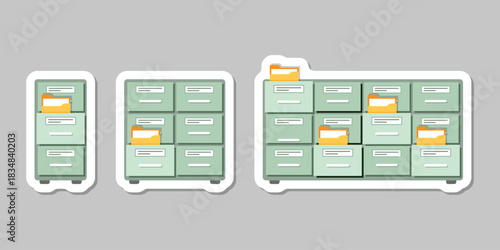 Office cabinet sticker icon set in flat style. Furniture storage vector illustration on isolated background. Drawer sign business concept.