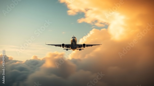 telephoto. An aircraft ascending through a cloudy sky during golden hour, capturing dynamic motion. mobility guides, transit brochures, designed for transport & logistics marketing.