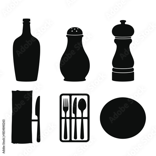 Collection of black silhouette icons representing restaurant and dining elements like a bottle, salt shaker, pepper mill, menu, cutlery set, and plate