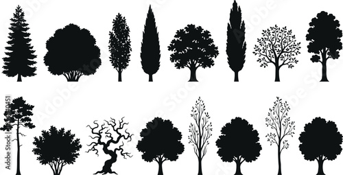 “Collection of detailed tree silhouettes including pine, oak, cypress, ornamental, and seasonal varieties for nature illustrations, landscape design, botanical vector artwork.”