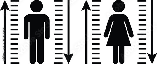 Black and White Male and Female Human Height Measurement Icon Set, Person Standing Next to Ruler, Medical Records, Growth, and Body Dimensions Concept, Flat Vector Illustration,
