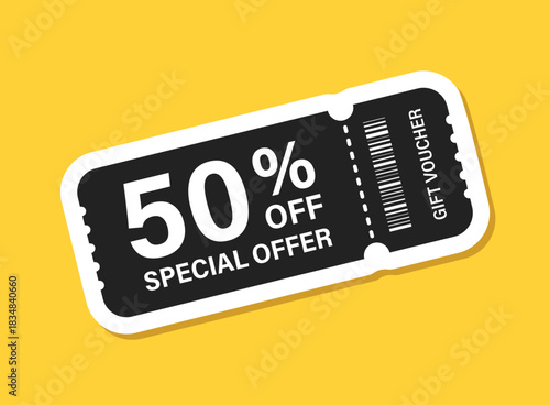 Gift voucher sticker icon in flat style. 50% discount vector illustration on isolated background. Promotion coupon sign business concept.