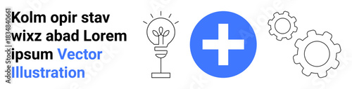 Innovation, healthcare, technology, problem-solving, engineering, medical services. Lightbulb, cross and gears showing interconnected . Innovation and healthcare-focused concept